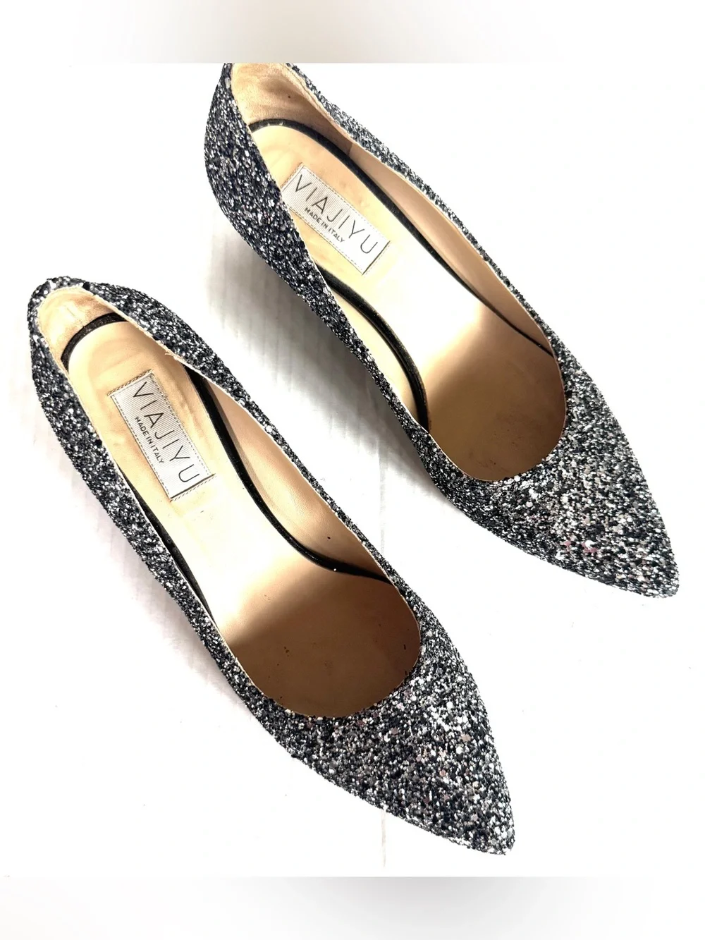 Viajiyu Italy Womens Silver Glitter Pointed-Toe Wedge heels EU 39/ US 8.5-9